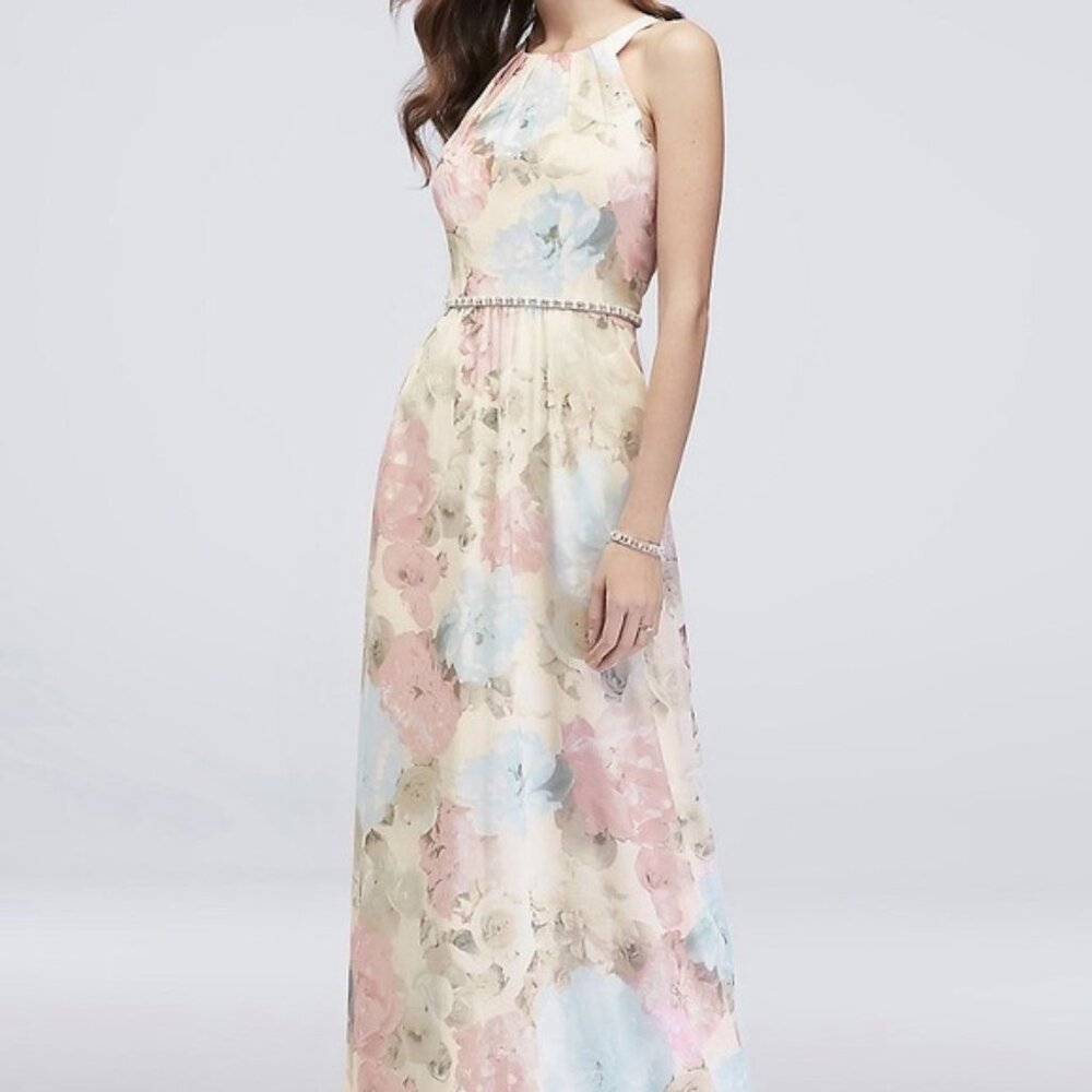 SLNY Floral Chiffon Full Length Dress with Beaded Waist